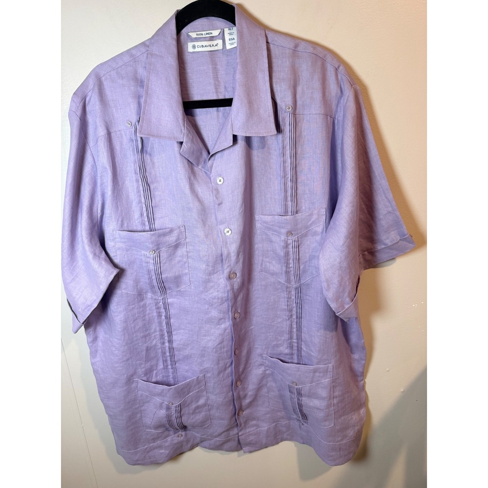 Cubavera Mens XLT Purple 100% Linen Short Sleeve Guayabera Shirt Pintuck Tall
